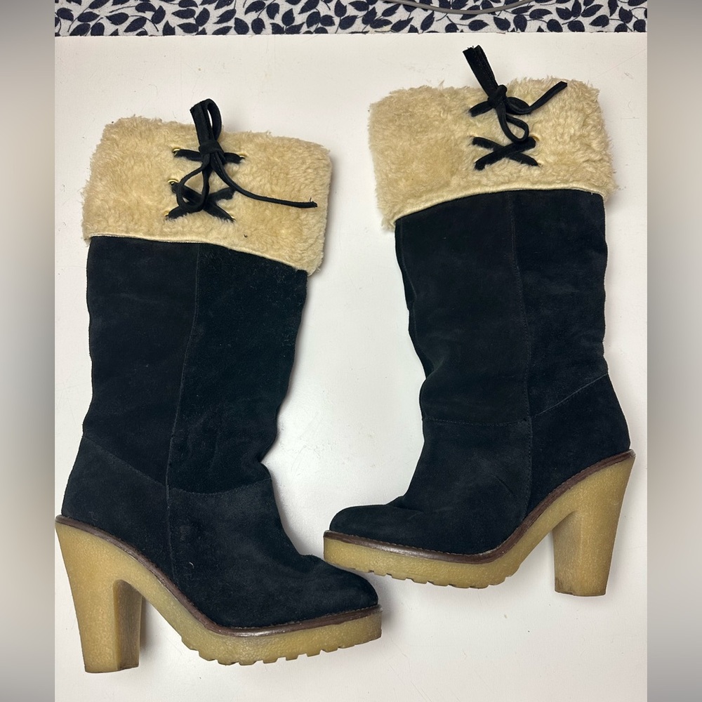 Faith Black Faux Fur Vintage Y2K Leather Suede Tie Detail‎ Platform Boots 6-6.5